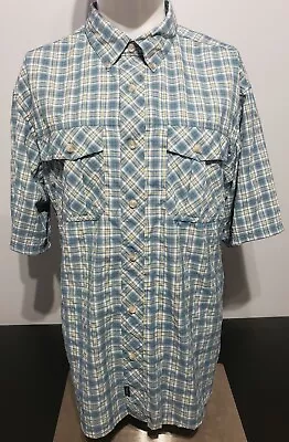 Cabellas Mens Size Large Blue/Yellow Plaid Short Sleeve Button Down Casual Shirt • $16.94