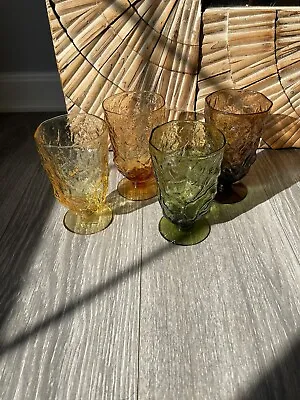 Vintage Multi Colored Crinkle Goblet Glass Water Cups • $14