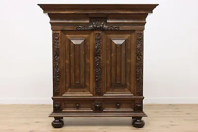 Dutch Antique Carved Oak Kas Dowry Armoire Wardrobe Cabinet #46970 • $3450