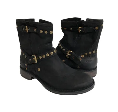 Ugg Fabrizia Studs Black Leather Moto Harness Leather Boot Us 9 / Eu 40 / Uk 7.5 • $125