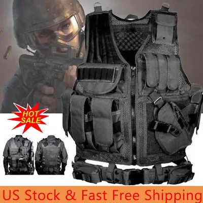 Military Tactical Vest With Gun Holster Molle Police Assault Combat Assault Gear • $26.95
