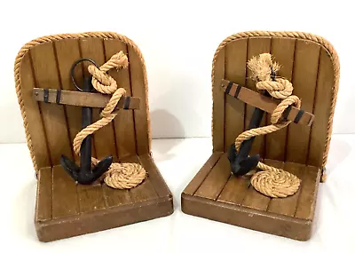 Vintage Nautical Wooden Bookends Handcrafted Anchors • $19.77