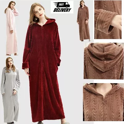 Ladies Hooded Dressing Gown Zipper Robe Winter Soft Fleece Nightwear Bathrobe UK • £20.89