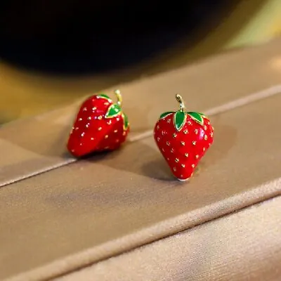 Cute Enamel Sweet Red Strawberry Fruit Earrings Stud Party Jewelry Women Gift • $2.04