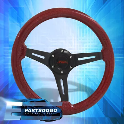 Universal JDM 14inch 350mm Red Wood Black Deep Dish Steering Wheel 6 Bolt Button • $56.99