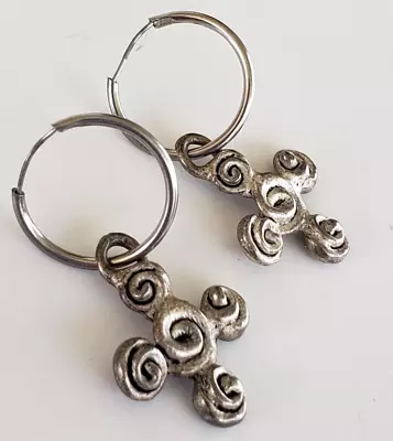 Vtg Eivind Hillestad Dangle Spiral Cross Hoop SilverTone Pierced Earrings 1-3/8  • $30