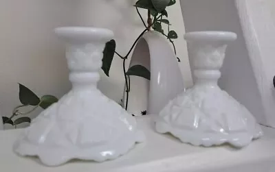 Vintage 1950's Westmoreland “Old Quilt” White Milk Glass Candle Holder Pair Of 2 • $7