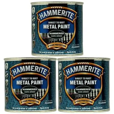 3x Hammerite Direct To Rust Hammered Dark Green Quick Drying Metal Paint 250ml • £24.99