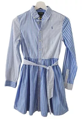 Polo Ralph Lauren Shirt Dress Girls 14 Blue Striped Button Front Long Sleeve Tie • $29.95