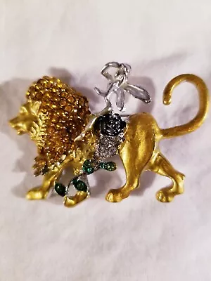 Vintag Lion Fairy Flowers Narnia Theme Rhinestone Brooch • £11.58