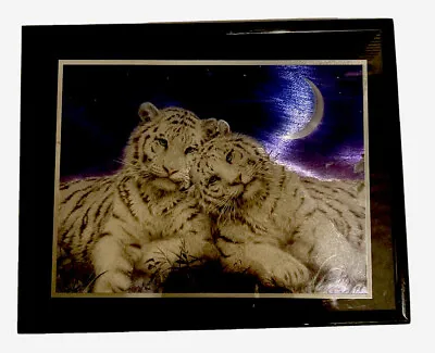 VINTAGE GORGEOUS METALLIC ART FRAMED White Tigers Under The Moon In 8x10 USA • $25