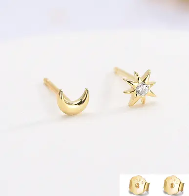 18K Gold Asymmetric Tiny Moon Star CZ Stud Earrings 925 Sterling Silver Women AJ • $8.95