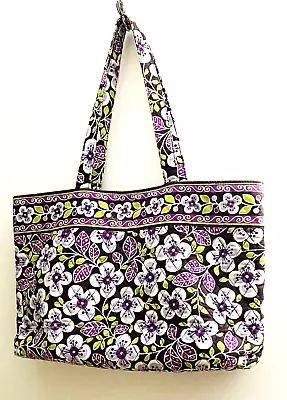 Vera Bradley Tote Handbag Purple Plum Petals Floral Pattern Snap Closure 17 X11  • $25