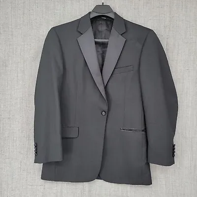 Jos A Bank Tuxedo Blazer Mens 42R Solid Black Wool 1 Button Satin Lapel Jacket • $38.95