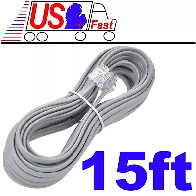 15ft RJ11 Modular 6P4C 4wire Phone/Telephone/DSL/FAX Line Flat Cord/Cable{SILVER • $6.98