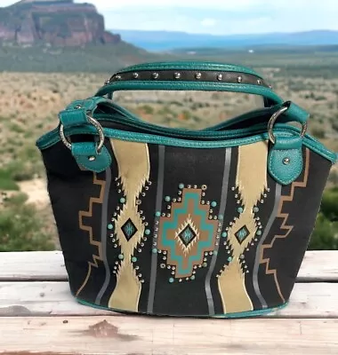 Montana West Woman’s Hand Bag Teal Black Aztec Canvas Leather Western READ • $24