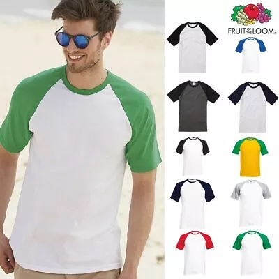 Men's Short Sleeve Baseball Tee - Fruit Of The Loom T-shirt Raglan Top • £7.49