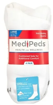 MediPeds Adult Men's NanoGLIDE® White Quarter Cushion Socks Large 4 Pairs • $10.97