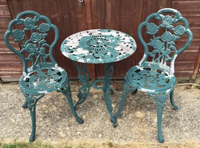 £49.99 • Buy VINTAGE CAST ALUMINIUM METAL BISTRO GARDEN SET - Table & Two Chairs
