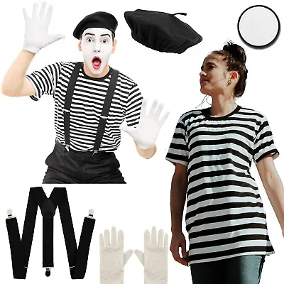 Men Ladies French Mime Artist Costume  Street Circus Carnival Outfit 5 Piece Set • £16.95