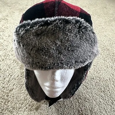 Vtg Woolrich Trapper Hat Cap Adult One Size Red Buffalo Plaid Earflaps Faux Fur • $37.39