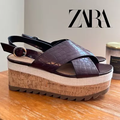 Zara Women’s Platform Embossed Cork Sandals 37/6.5 Burgundy Chunky 90s Textured • $32.99