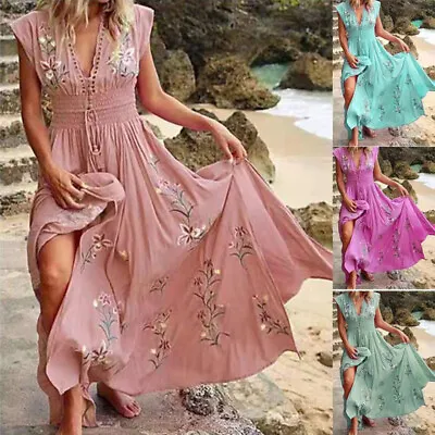 Women Floral Sleeveless Beach Sundress Dress V Neck Boho Maxi T-shirt Skirt AU • $32.33