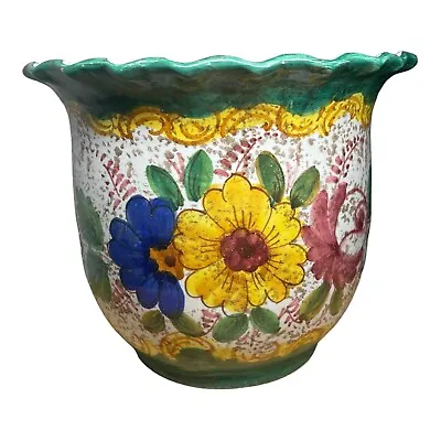 Vintage 7  Italian Garden Planter/Pot Handmade And Painted With Vibrant Flowers • $35
