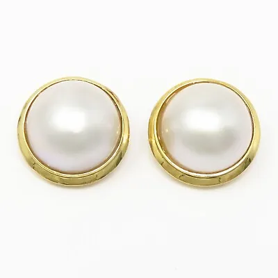 NYJEWEL 18k Yellow Gold 15mm Mabe Pearl Clip On Earrings 8.4g • $499