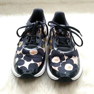 Adidas Womens Sz 6 Marimekko Tennis Shoes Black Tan Floral Bounce Primegreen • $59.98