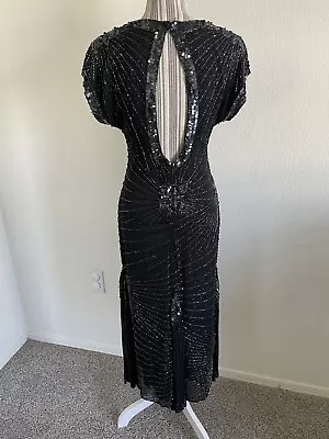 Vtg I. Magnin Lime Nite 6 Silk Sequin Beaded Black Gown Dress Evening Prom Glam • $79.99