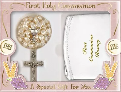 First Holy Communion Rosary Beads Gift Girl Imit Pearl &White Leather Purse • £11.99