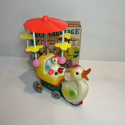 Plastic & Tin Easter Windup Duck Pulling Babies With Spinning Umbrella Works! • $49.70