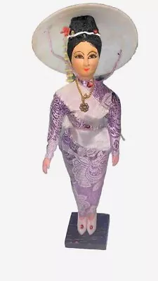 Vintage 13” Vietnamese Doll Plastic Body With Lavender Dress & Rice Hat On Stand • $11.99