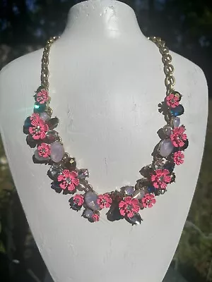J CREW Jewelry Posey Pink Blue Floral Statement Necklace Rhinestone Gold Flower • $25