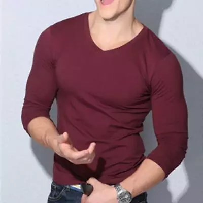 Mens V Neck Long Sleeve T Shirt Basic Casual Simple Fashion Solid Work • $15.99