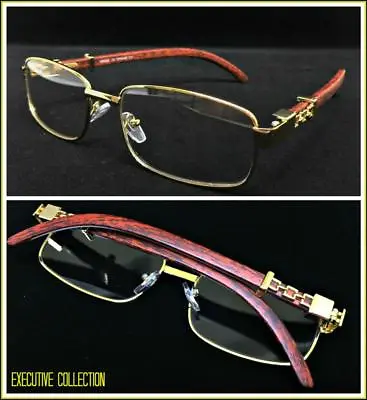 Mens Classy Elegant Retro Style Clear Lens EYE GLASSES Gold & Wood Fashion Frame • $14.99