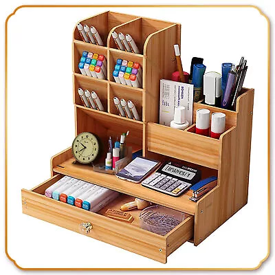 Wooden Pen Pencil Storage Holder Office Study Desk Organizer Table Box Tidy Case • £7.95