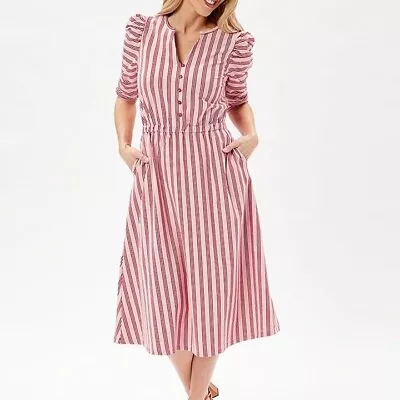 Matilda Jane Clothing Red Stripe Puff Sleeve Pocket Midi Dress Size Large NWT • $35