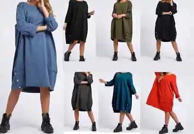 £23.40 • Buy New Women's Italian Buttoned Hem Lagenlook Cotton Long Sleeve Tunic Dress Plus