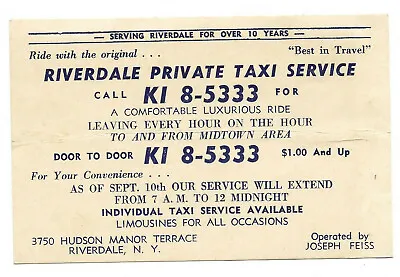 Bronx NY-1940s Riverdale Private Taxi Service Flier-Feiss-Cab-Hired Car-Limo • £35.19