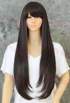 Dark Brown Extra Long Layered Straight Heat Safe Human Hair Blend Wig EVAU 4 • $72.85