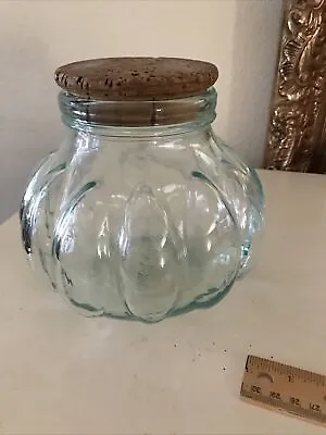 Vintage Large Glass Apothecary Jar  Pumpkin Melon Green Tint Cork Lid  • $25