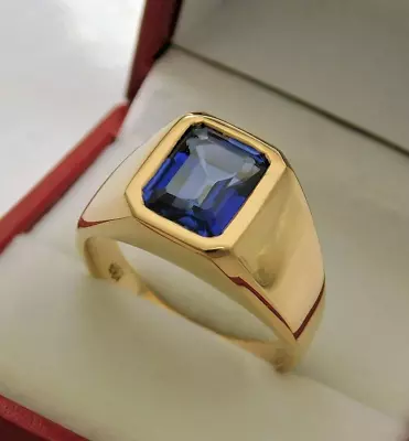 Natural Blue Sapphire 2.50 Carats Heavy 14K Yellow Gold Emerald Cut Mans Ring • $1341.60