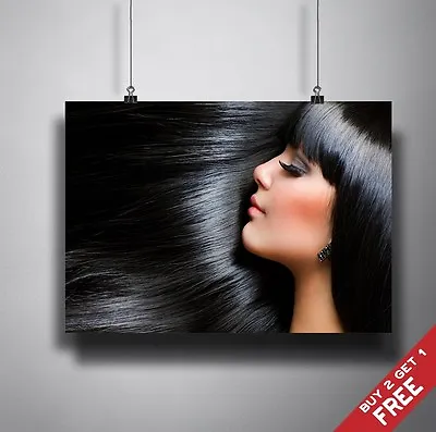 Long Black Hair Poster A3 A4  Hairdresser Health & Beauty Salon Makeup Art Print • £4.49