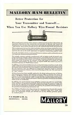 QST Ham Radio Magazine Print Ad For MALLORY Wire-Wound Resistors (2/1955) • $11.14