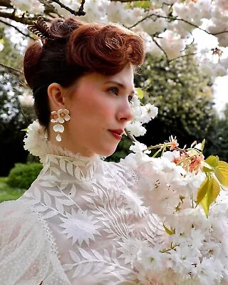 Les Nereides White Cherry Blossom Enamel Flower 14K Gold Plated Earrings • £49.99