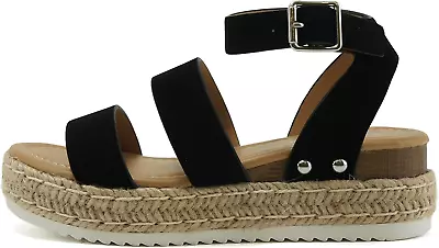 BRYCE-2 Kids/Children/Girls Open Toe Two Bands Espadrille Jute Platform Wedge Ca • £40.71