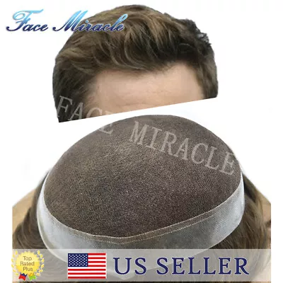 Mens Toupee Lace Center Human Hair System Replacement Poly Around Hairpiece Wigs • $217.55