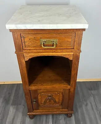 Carved French Antique Bedside Table Cupboard Cabinet With Marble Top (LOT 2645) • £249